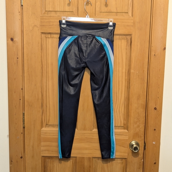 SPANX Faux Leather 7/8 Leggings Women Med Navy Cool Blue Track Stripe Athleisure - Picture 4 of 11